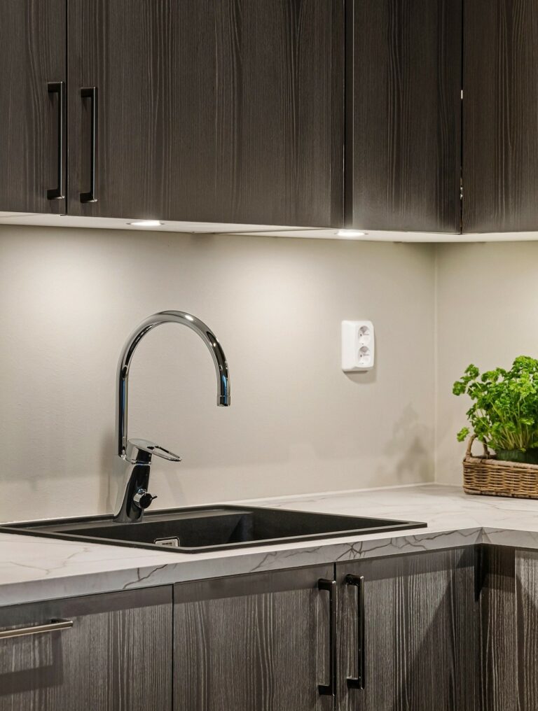 Projet de rénovation de cuisine (évier noir, robinetterie chrome et spots sous meubles hauts), réalisé par PRO BAT-IM, à Val-de-Marne.