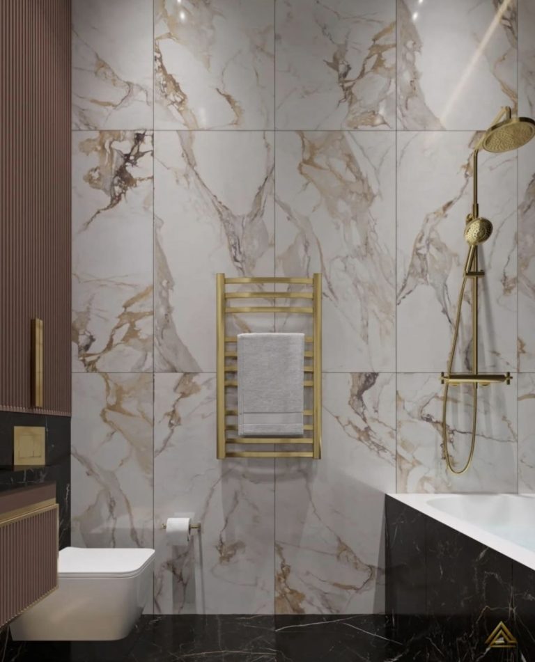 Projet de rénovation de salle de bain (marbre blanc et or, marbre noir et finitions dorées), réalisé par PRO BAT-IM, à Val-de-Marne.