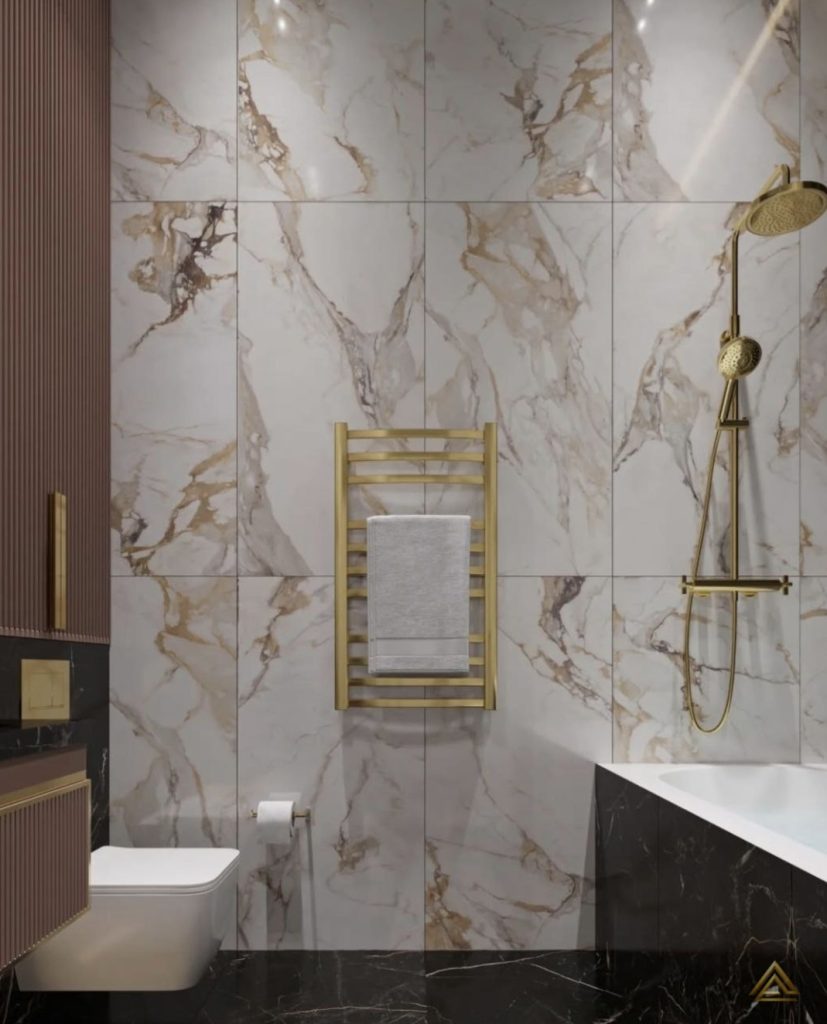 Projet de rénovation de salle de bain (marbre blanc et or, marbre noir et finitions dorées), réalisé par PRO BAT-IM, à Val-de-Marne.